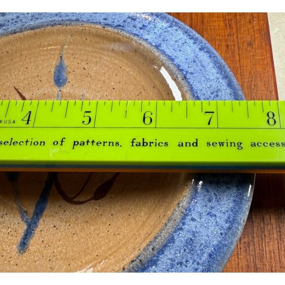 Stoneware pottery cheese butter dish w/ dome lid blue tan wheat leaf rustic - Picture 9 of 10